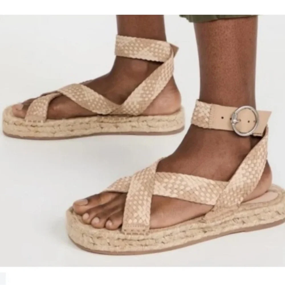 NWOB SAM EDELMAN Dakota Leather Espadrille Platform Sandals Size 8.5 M In Tan